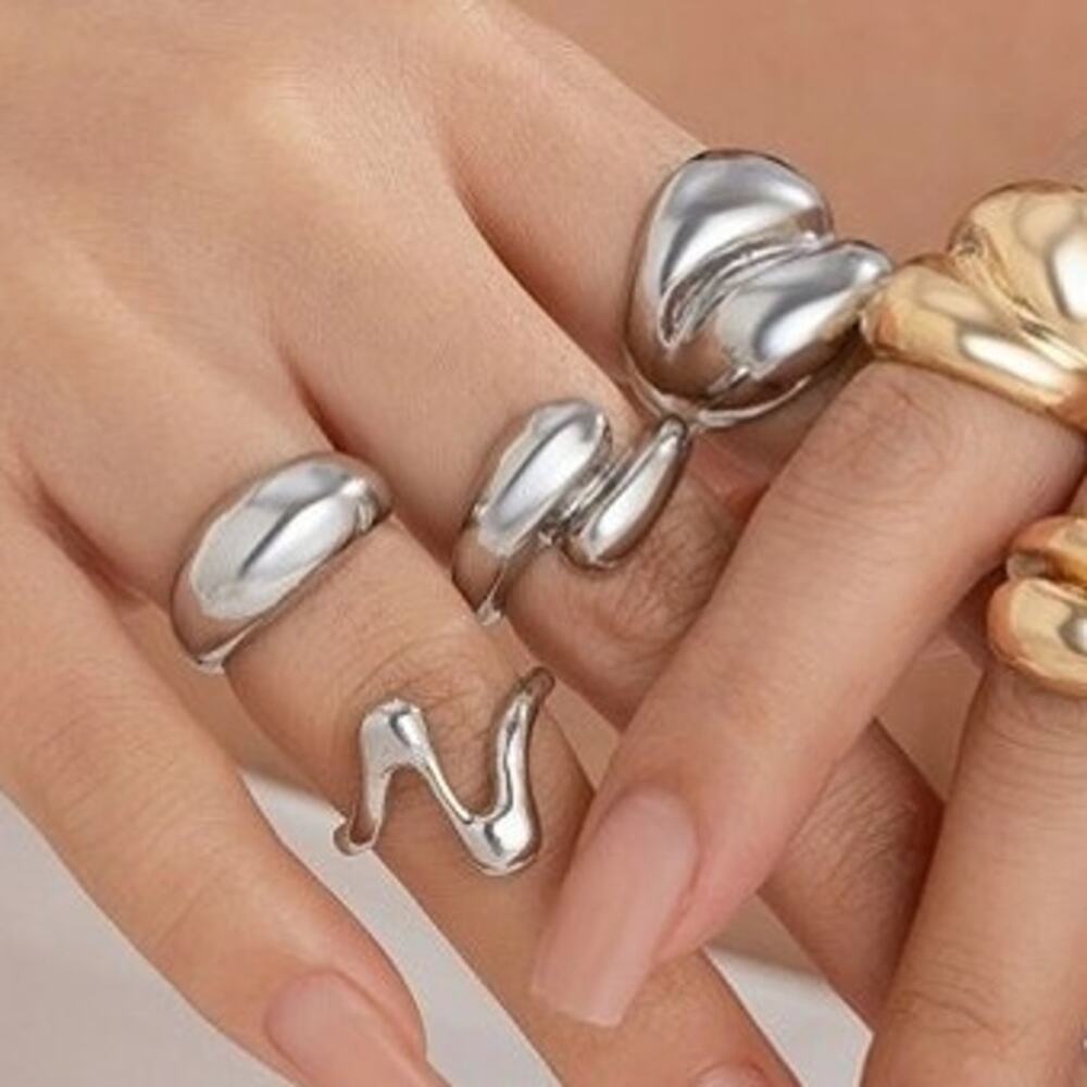 Abstract Boho Ring Set - 4-Piece Silver Adjustable Stackable Rings - Picture 2 of 3